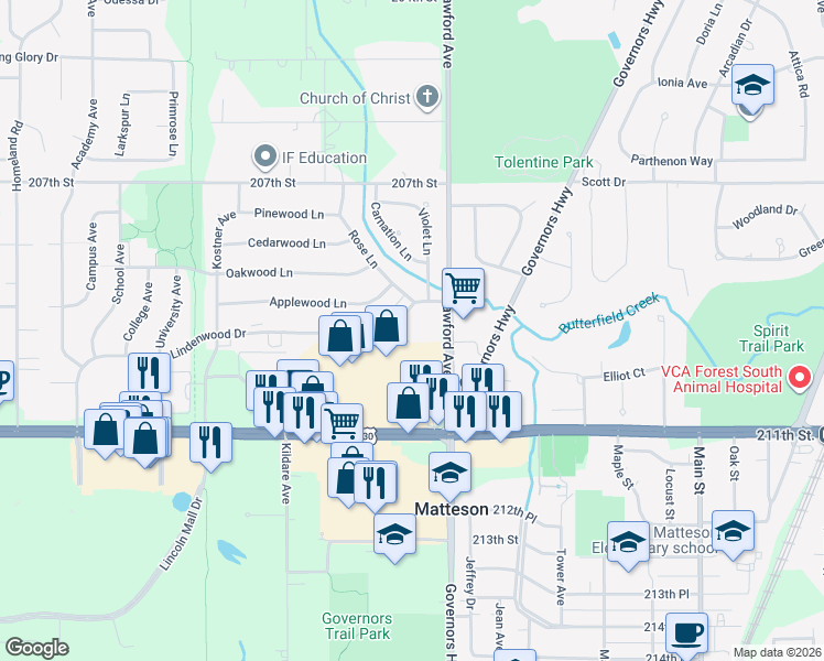 map of restaurants, bars, coffee shops, grocery stores, and more near 4041 Lindenwood Drive in Matteson