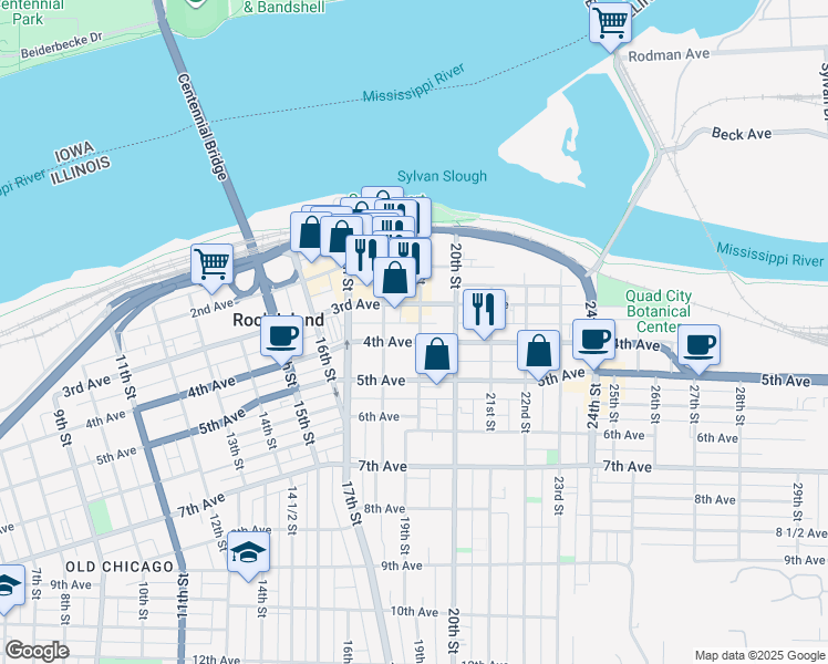 map of restaurants, bars, coffee shops, grocery stores, and more near 320 19th Street in Rock Island