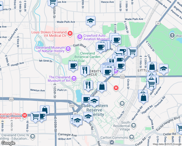 map of restaurants, bars, coffee shops, grocery stores, and more near in Cleveland