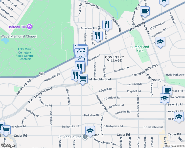 map of restaurants, bars, coffee shops, grocery stores, and more near 1837 Cadwell Avenue in Cleveland Heights