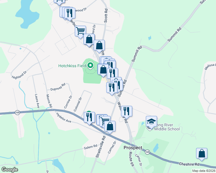 map of restaurants, bars, coffee shops, grocery stores, and more near 45 Waterbury Road in Prospect