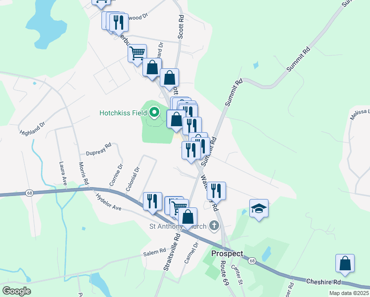 map of restaurants, bars, coffee shops, grocery stores, and more near 45 Waterbury Road in Prospect