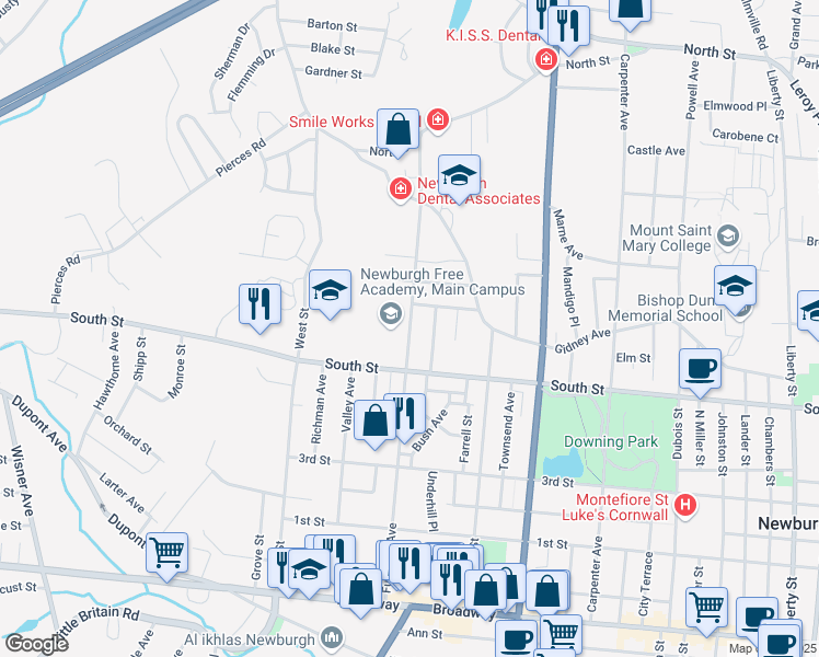 map of restaurants, bars, coffee shops, grocery stores, and more near 201 Fullerton Avenue in Newburgh