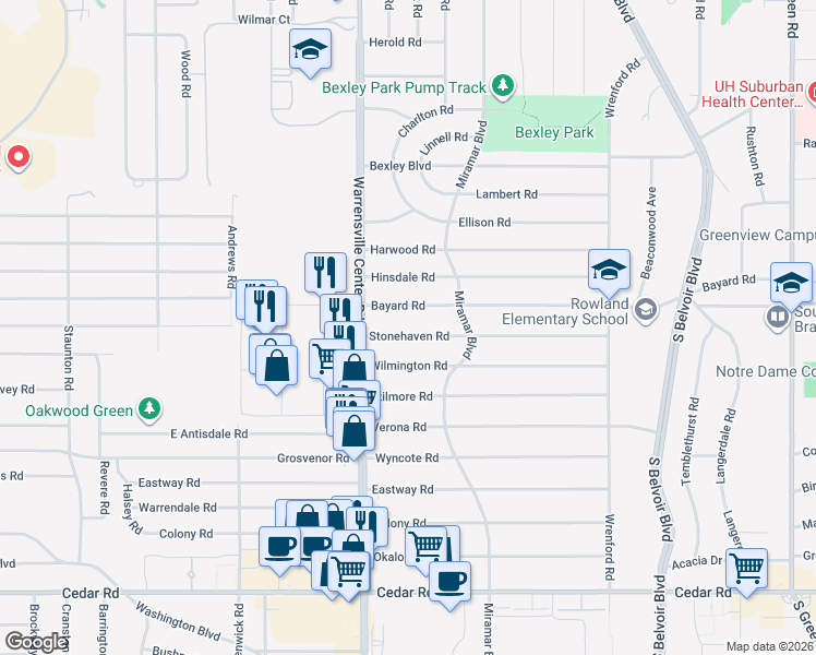 map of restaurants, bars, coffee shops, grocery stores, and more near 4041 Stonehaven Road in South Euclid