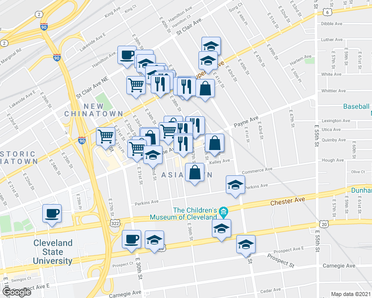 map of restaurants, bars, coffee shops, grocery stores, and more near 3528 Payne Avenue in Cleveland