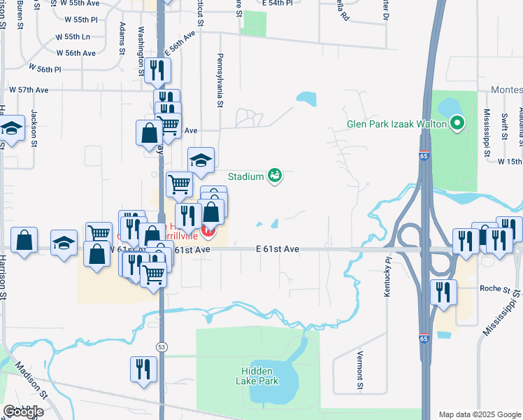 map of restaurants, bars, coffee shops, grocery stores, and more near 369 East 59th Place in Merrillville