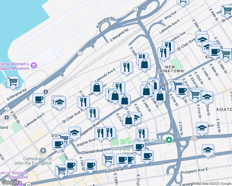 map of restaurants, bars, coffee shops, grocery stores, and more near 2222 Saint Clair Avenue Northeast in Cleveland