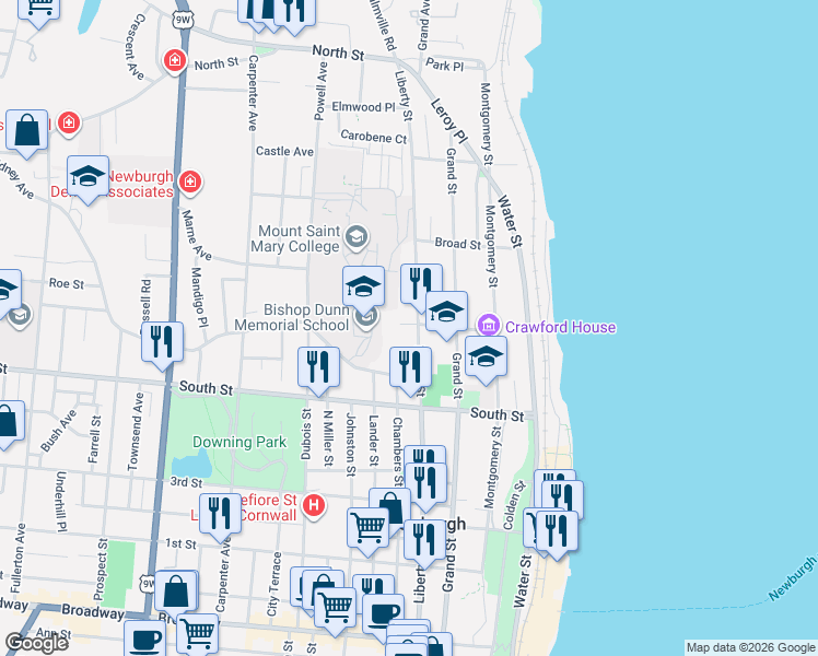 map of restaurants, bars, coffee shops, grocery stores, and more near 112 Clinton Street in Newburgh
