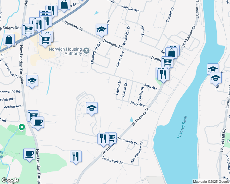 map of restaurants, bars, coffee shops, grocery stores, and more near 15 Pitcher Street in Norwich