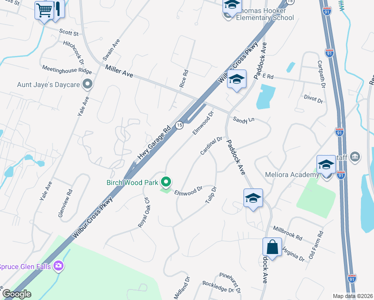 map of restaurants, bars, coffee shops, grocery stores, and more near 108 Elmwood Drive in Meriden