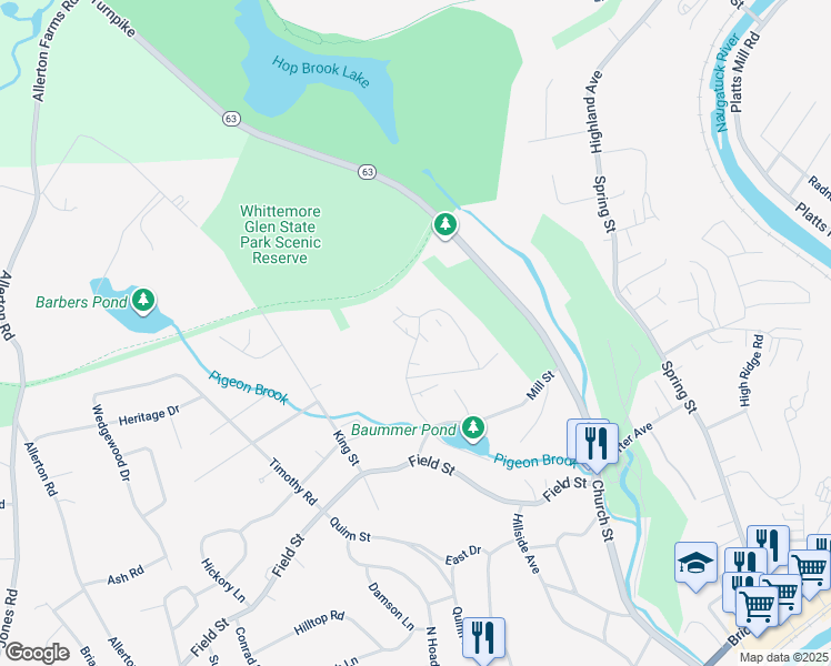 map of restaurants, bars, coffee shops, grocery stores, and more near 30 Coach Circle in Naugatuck