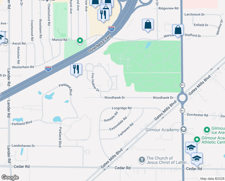 map of restaurants, bars, coffee shops, grocery stores, and more near 432 Eagle Trce in Mayfield Heights