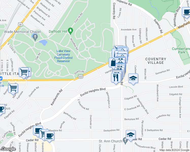 map of restaurants, bars, coffee shops, grocery stores, and more near 2660 Mayfield Road in Cleveland Heights