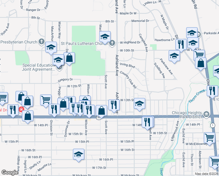 map of restaurants, bars, coffee shops, grocery stores, and more near 1204 Ashland Avenue in Chicago Heights
