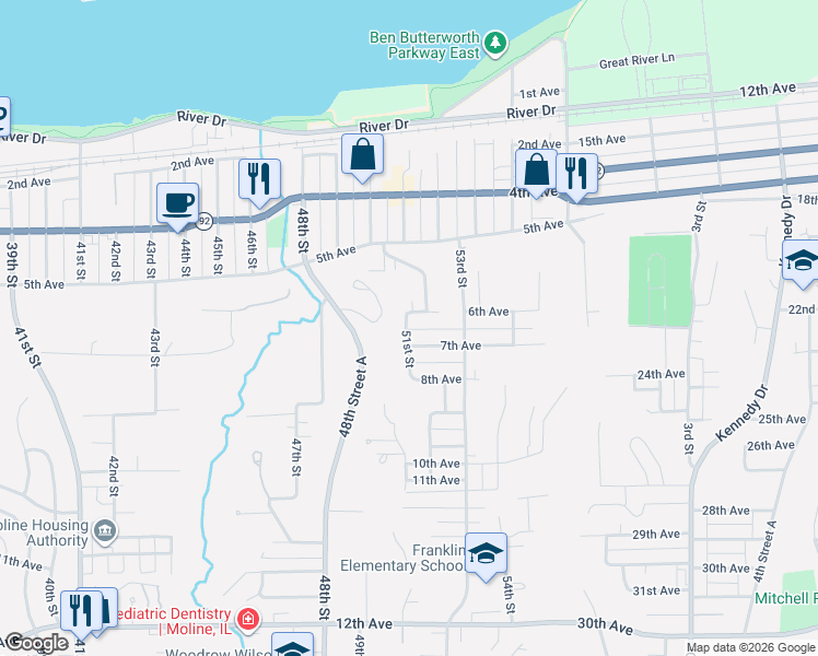 map of restaurants, bars, coffee shops, grocery stores, and more near 5110 6th Avenue in Moline