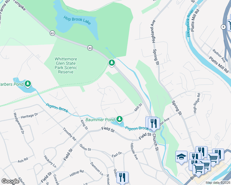 map of restaurants, bars, coffee shops, grocery stores, and more near 38 Ridge Road in Naugatuck