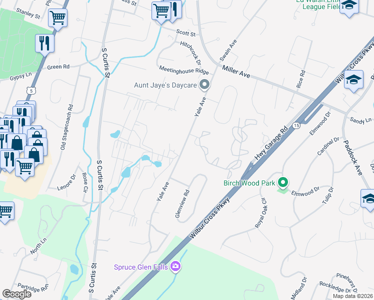 map of restaurants, bars, coffee shops, grocery stores, and more near 600 Yale Avenue in Meriden