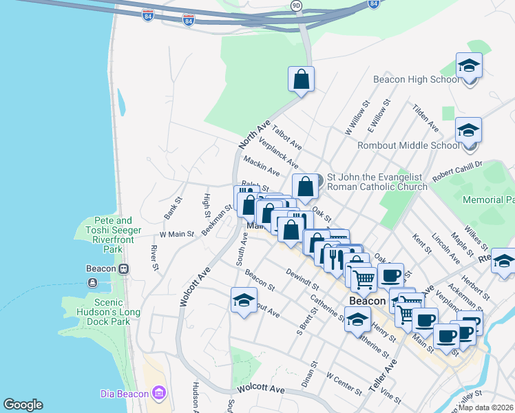 map of restaurants, bars, coffee shops, grocery stores, and more near 10 West Church Street in Beacon