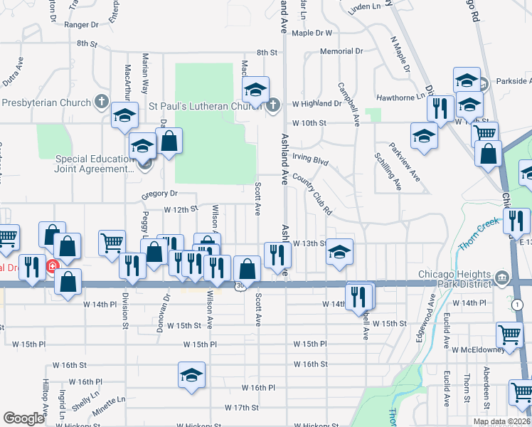 map of restaurants, bars, coffee shops, grocery stores, and more near 1204 Ashland Avenue in Chicago Heights