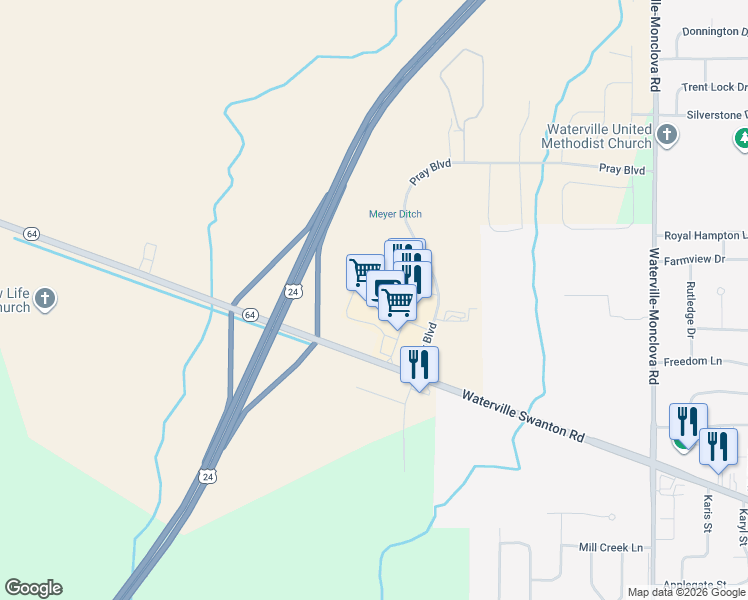 map of restaurants, bars, coffee shops, grocery stores, and more near 8730 Waterville Swanton Road in Waterville