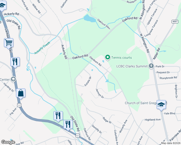 map of restaurants, bars, coffee shops, grocery stores, and more near 106 Estate Drive in Clarks Summit