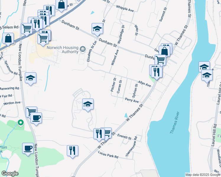 map of restaurants, bars, coffee shops, grocery stores, and more near 15 Pitcher Street in Norwich