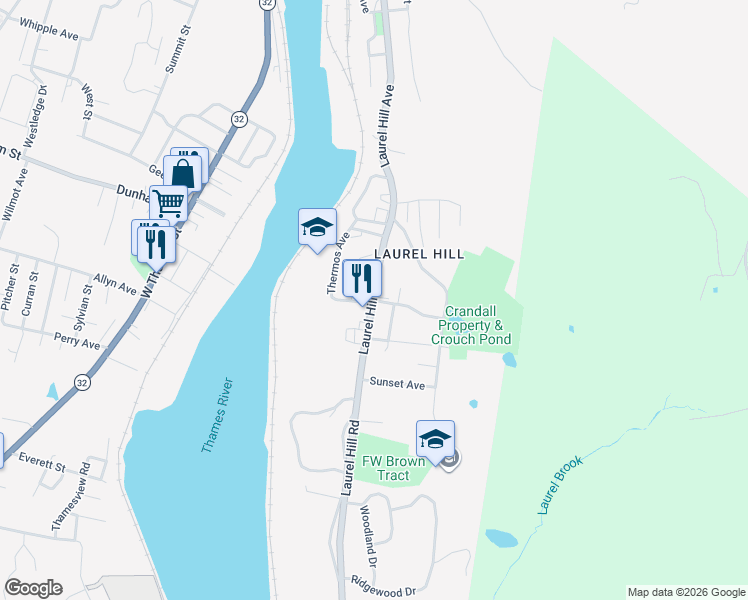 map of restaurants, bars, coffee shops, grocery stores, and more near 2 Yerrington Avenue in Norwich