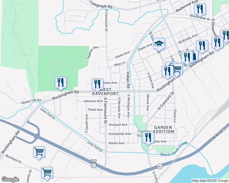 map of restaurants, bars, coffee shops, grocery stores, and more near 848 South Nevada Avenue in Davenport