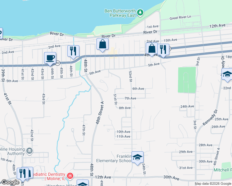 map of restaurants, bars, coffee shops, grocery stores, and more near 5110 6th Avenue in Moline