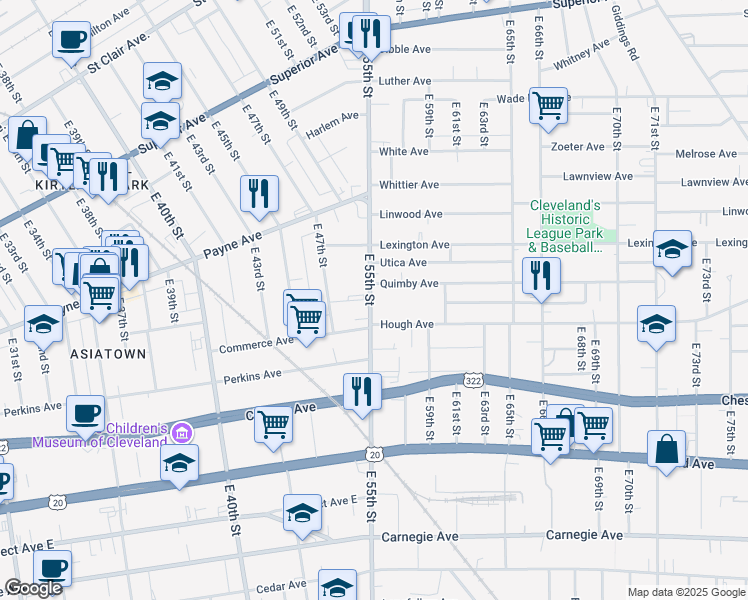map of restaurants, bars, coffee shops, grocery stores, and more near 1829 E 55th St in Cleveland