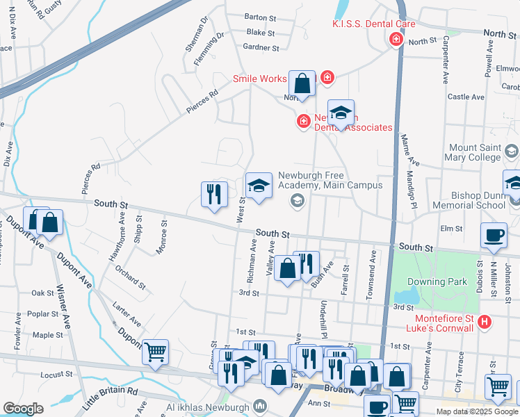 map of restaurants, bars, coffee shops, grocery stores, and more near 201 Fullerton Avenue in Newburgh