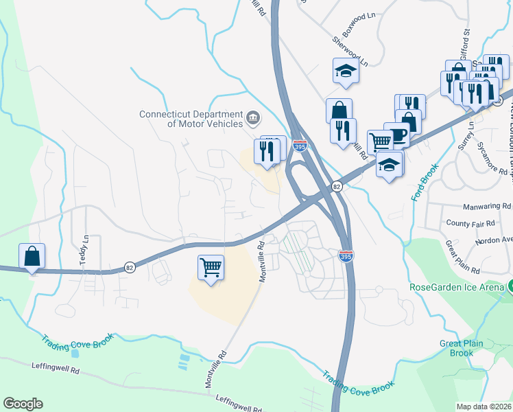 map of restaurants, bars, coffee shops, grocery stores, and more near 158 Sheraton Lane in Norwich