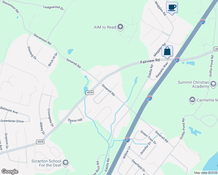 map of restaurants, bars, coffee shops, grocery stores, and more near 389-399 Simerell Road in Lackawanna County