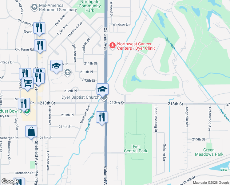 map of restaurants, bars, coffee shops, grocery stores, and more near 1216 Royal Dublin Ln in Dyer