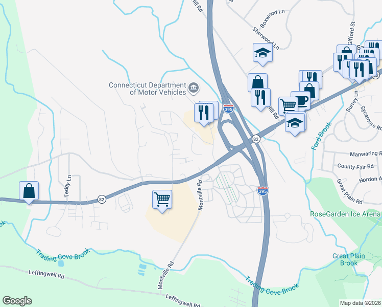 map of restaurants, bars, coffee shops, grocery stores, and more near 131 Sheraton Lane in Norwich