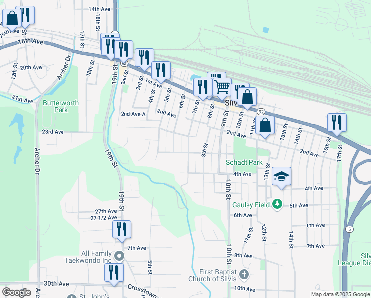 map of restaurants, bars, coffee shops, grocery stores, and more near 265 6th Street in Silvis
