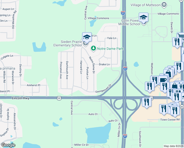 map of restaurants, bars, coffee shops, grocery stores, and more near 911 Purdue Lane in Matteson