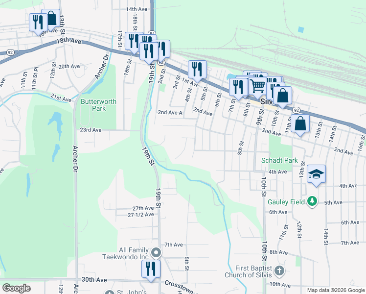 map of restaurants, bars, coffee shops, grocery stores, and more near 306 5th Street Court in Silvis