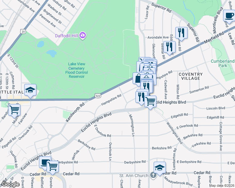 map of restaurants, bars, coffee shops, grocery stores, and more near 2660 Mayfield Road in Cleveland Heights