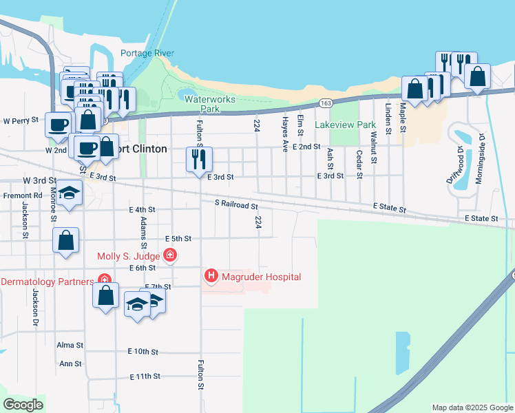 map of restaurants, bars, coffee shops, grocery stores, and more near 699 South Railroad Street in Port Clinton