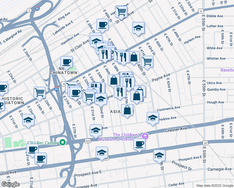 map of restaurants, bars, coffee shops, grocery stores, and more near Payne Ave & E 36th St in Cleveland