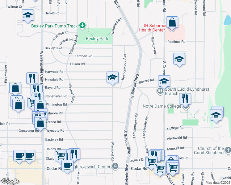 map of restaurants, bars, coffee shops, grocery stores, and more near 4300 Bayard Road in South Euclid