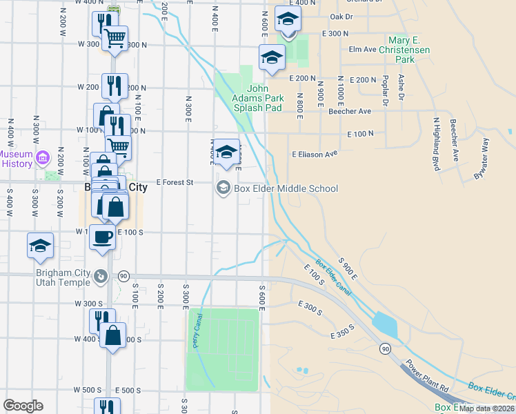 map of restaurants, bars, coffee shops, grocery stores, and more near 46 South 600 West in Brigham City