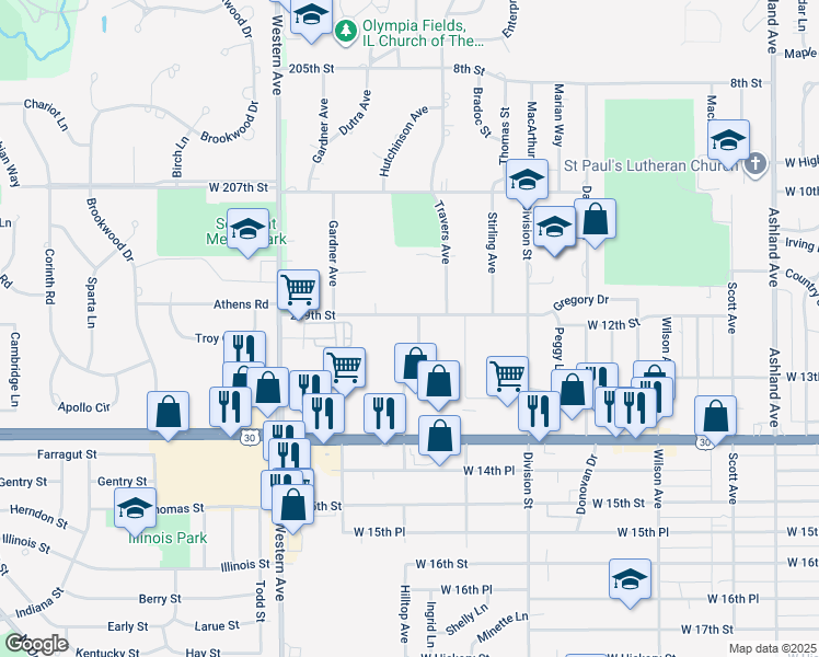 map of restaurants, bars, coffee shops, grocery stores, and more near 1246 Hilltop Avenue in Chicago Heights