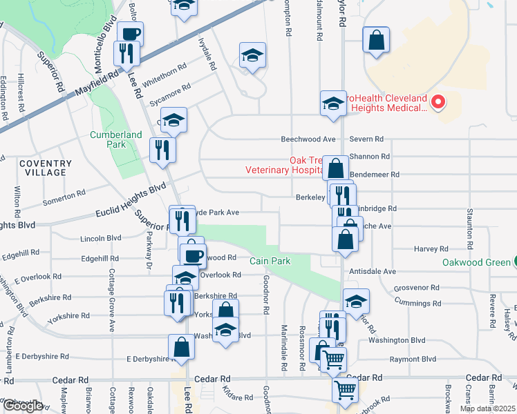map of restaurants, bars, coffee shops, grocery stores, and more near 3321 Hyde Park Avenue in Cleveland Heights