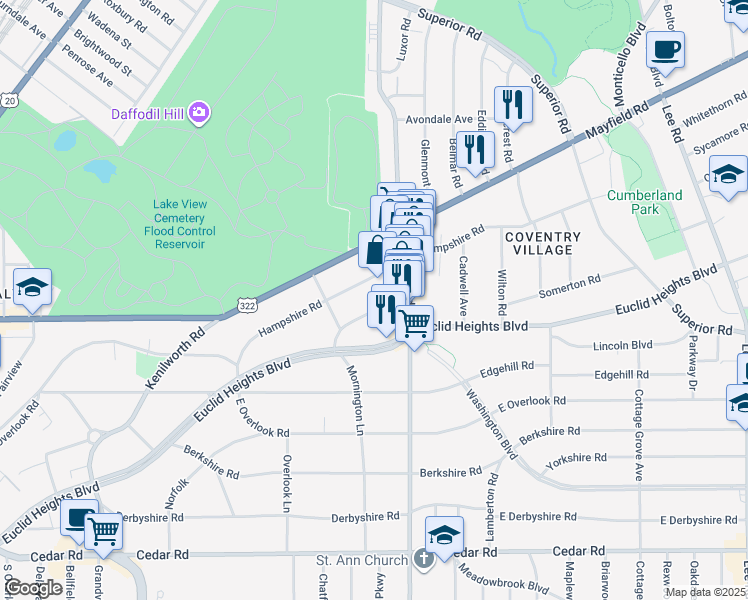 map of restaurants, bars, coffee shops, grocery stores, and more near 2734 Hampshire Road in Cleveland Heights