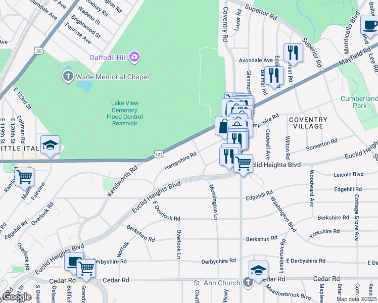 map of restaurants, bars, coffee shops, grocery stores, and more near 2660 Mayfield Road in Cleveland Heights