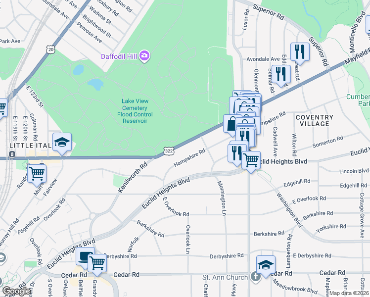 map of restaurants, bars, coffee shops, grocery stores, and more near 2660 Mayfield Road in Cleveland Heights