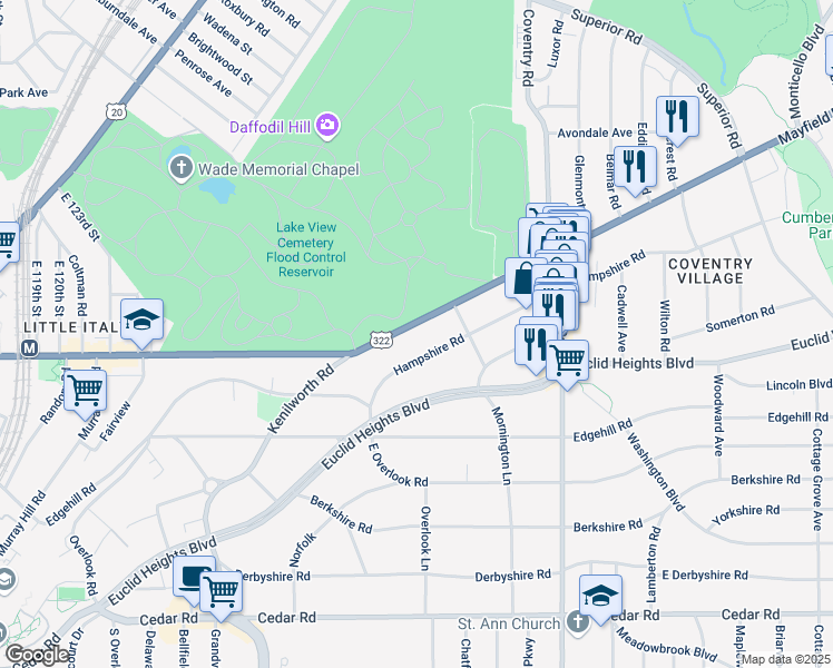 map of restaurants, bars, coffee shops, grocery stores, and more near 2660 Mayfield Road in Cleveland Heights