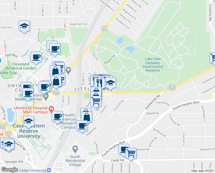 map of restaurants, bars, coffee shops, grocery stores, and more near 1973 East 123rd Street in Cleveland